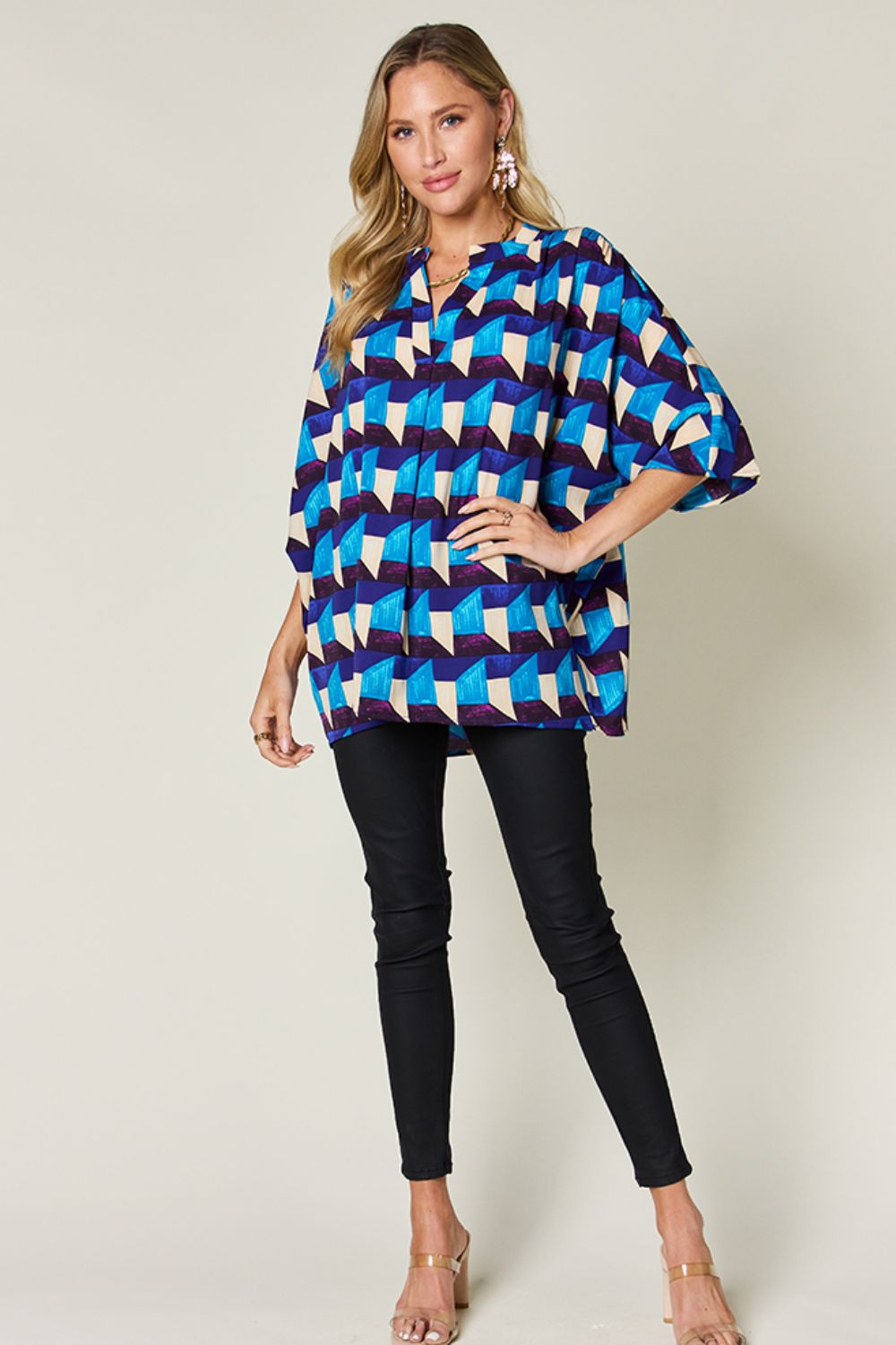 Double Take - Geometric Notched Half Sleeve Blouse - S-3XL