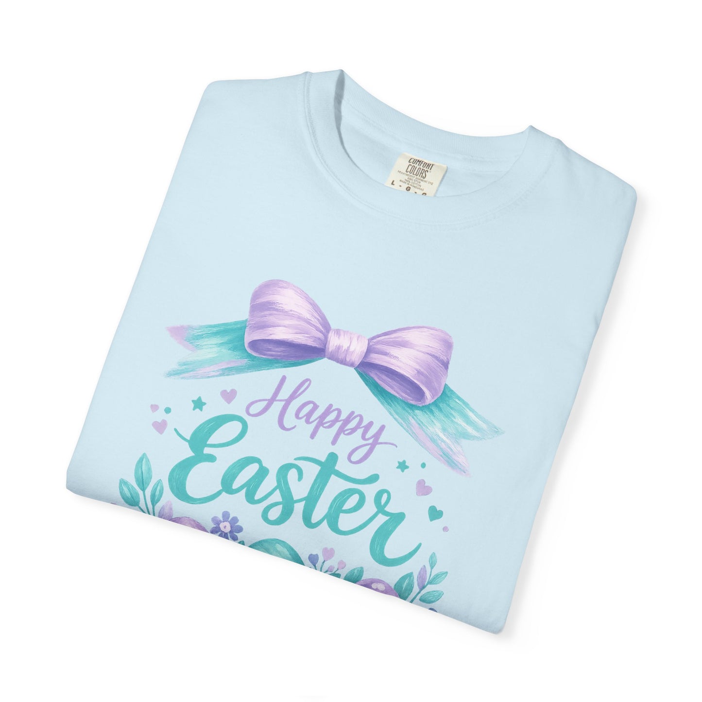 Adult Easter T-Shirt - "Happy Easter" Pastel Eggs & Bow Holiday Graphic Tee (Comfort Colors) - Size: S-4XL