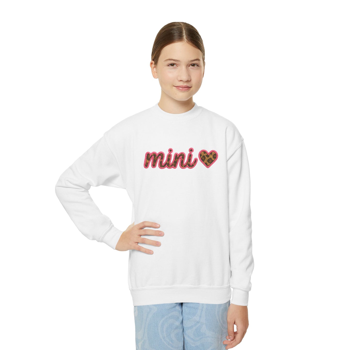 Mama & Mini "Mini" Youth Crewneck Sweatshirt - Faux Embroidery Pink Leopard Heart DTG - Size: YXS-YXL