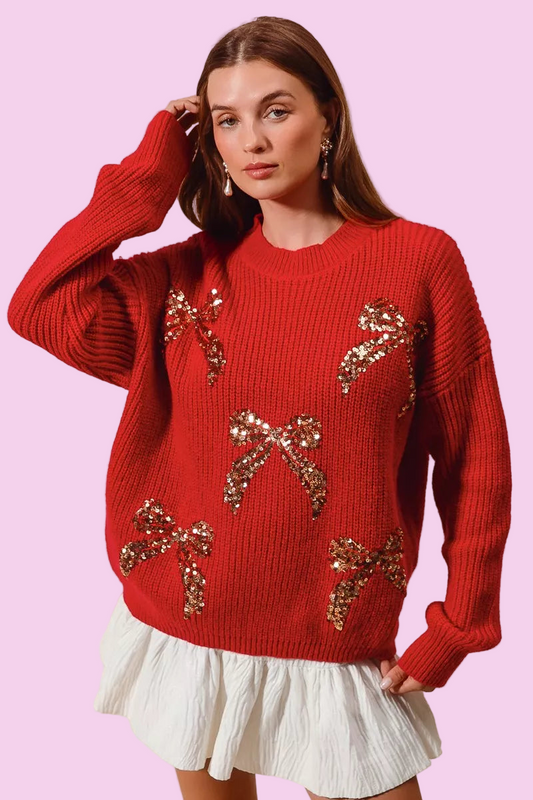 SO ME - All Over Ribbon Sequins Christmas Holiday Sweater - Size: S-XL