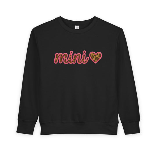 Mama & Mini "Mini" Faux Embroidery Pink Leopard Heart DTG Toddler Sweatshirt - Size: 2T-7T