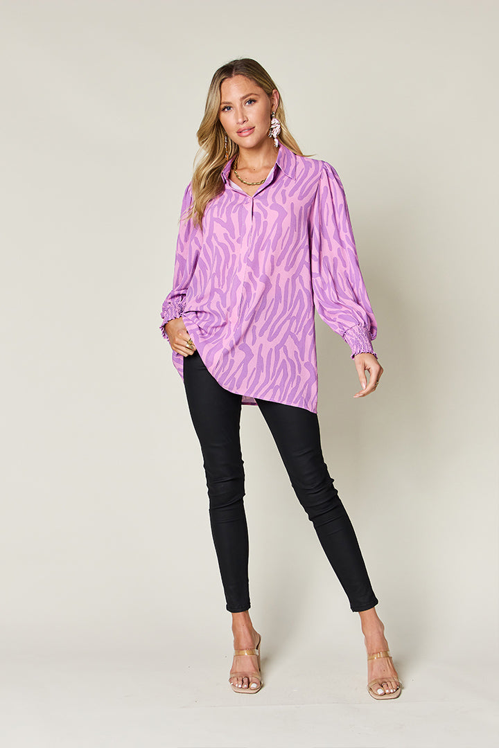 Double Take - Printed Smocked Long Sleeve Blouse - Size: S-3XL