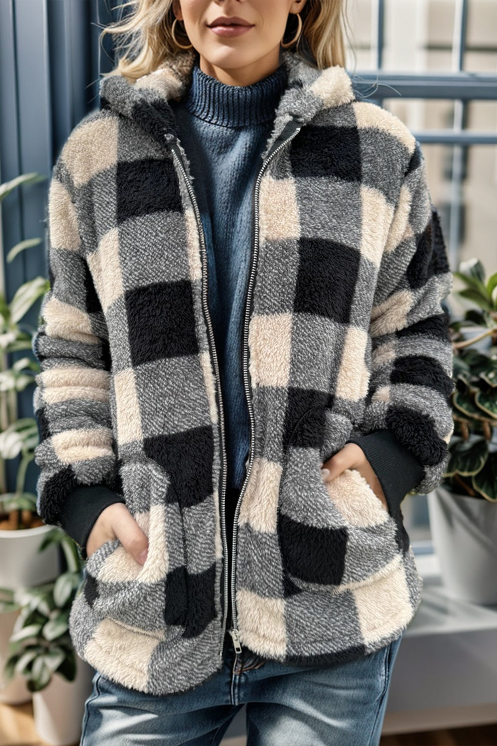 Double Take - Plaid Long Sleeve Hooded Coat - Size: S-3XL