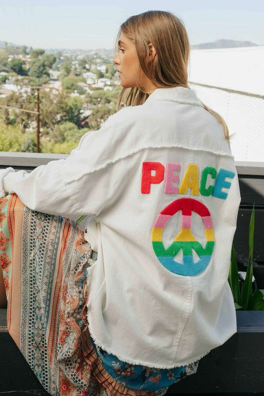 Davi & Dani - Multi Color Lettering Peace Symbol Button Up Shacket