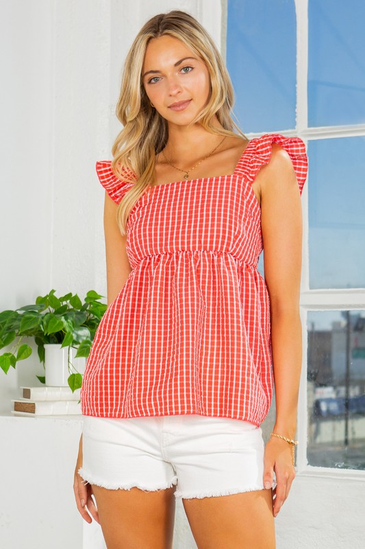 OFC - Ruffle Sleeve Tie Back Gingham Top