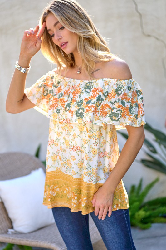 Davi & Dani - Printed Off Shoulder Smocked Top