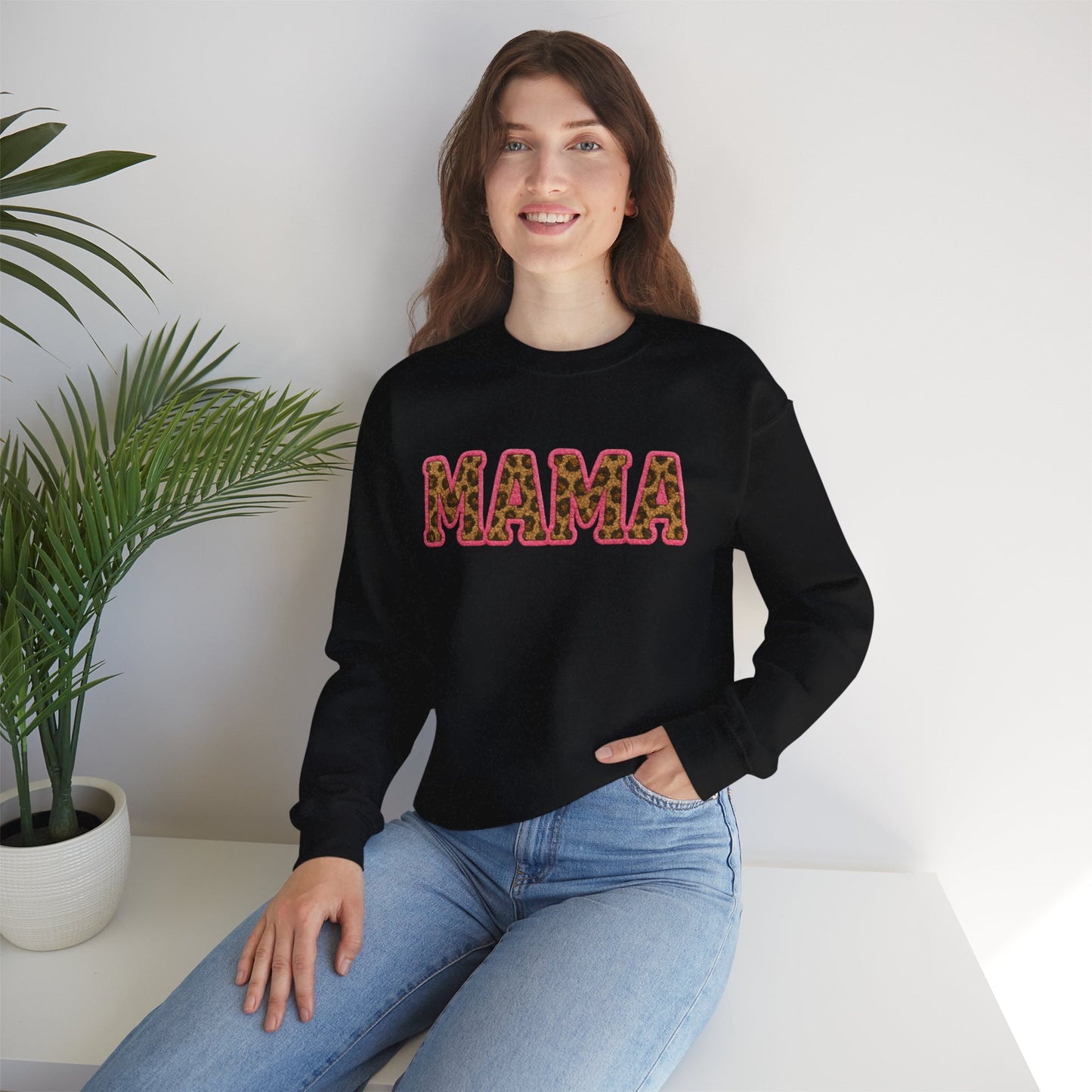 Mama & Mini "Mama" Faux Embroidery Pink Leopard Print DTG Graphic Crewneck Sweatshirt - Size: S-5XL