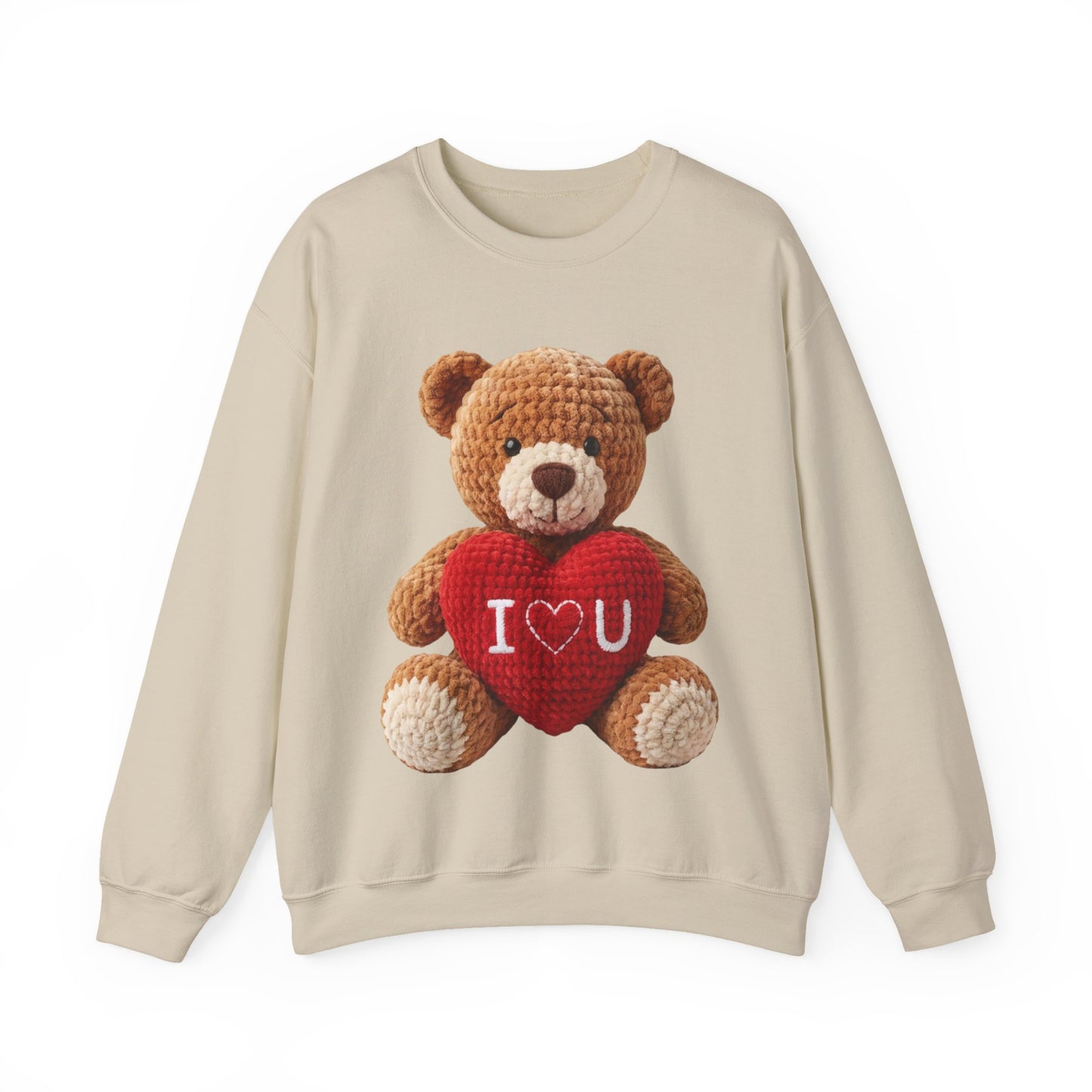 Valentine Faux Crochet I ❤️ U Teddy Bear Graphic Crewneck Sweatshirt (Gildan) - Size: S-3XL - Valentine's Day Shirt