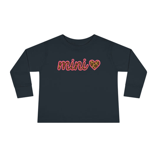 Mama & Mini "Mini" Faux Embroidery Pink Leopard Print Heart DTG Toddler Long Sleeve Tee - Size: 2T-6T