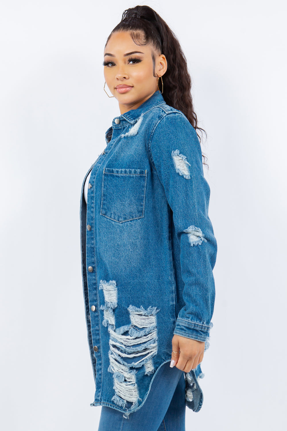 American Bazi - Distressed Button Up Long Sleeve Denim Jacket