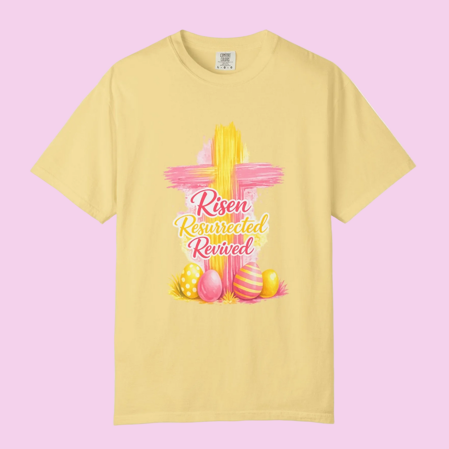 Easter Cross “Risen Resurrected Revived” Graphic Tee (Comfort Colors) - Size: S-4XL