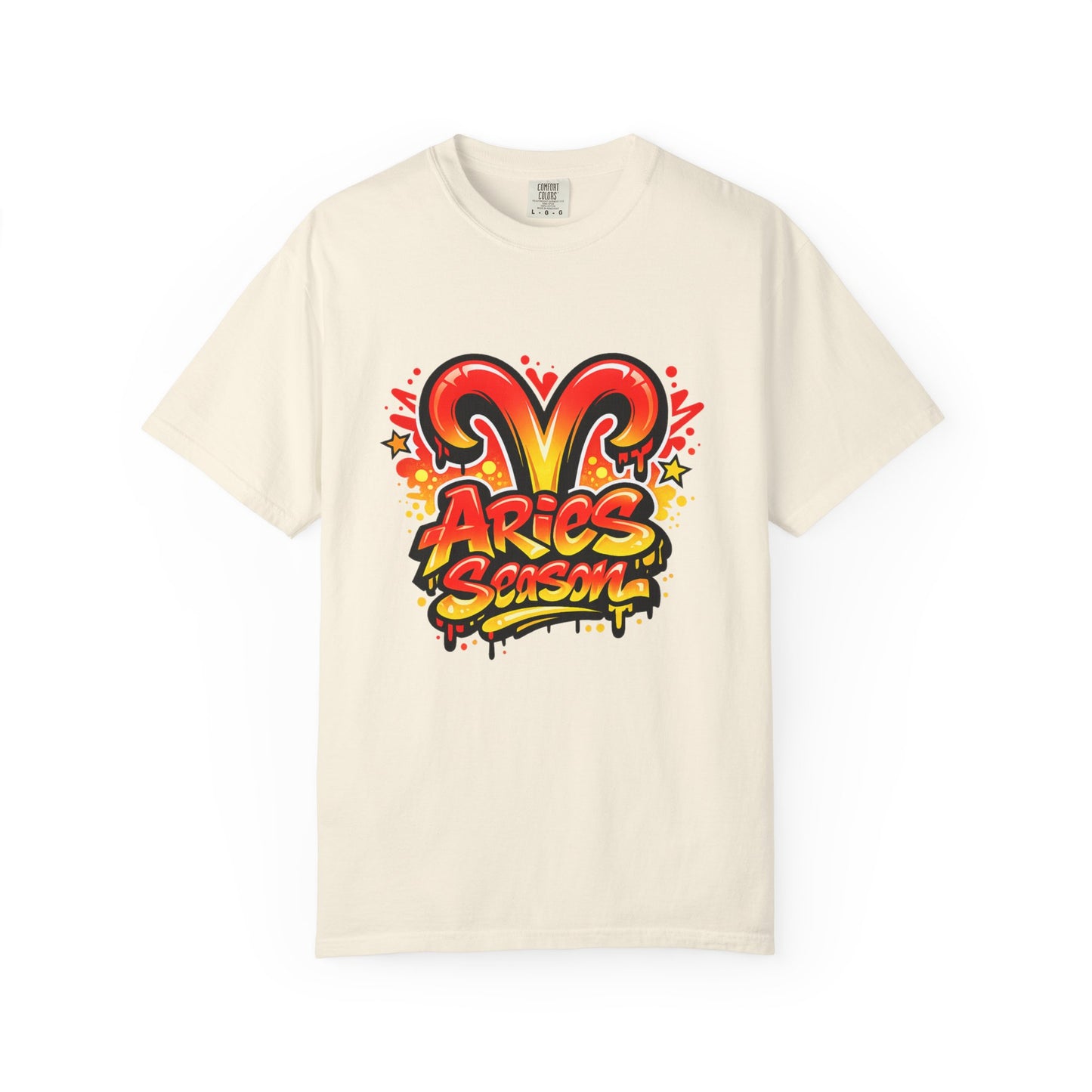 Aries Season Graphic Tee (Comfort Colors)- Bold Zodiac Astrology T-Shirt, Red & Yellow Aries Ram Design, Trendy Horoscope Shirt, Fire Sign Fashion - Size: S-4XL