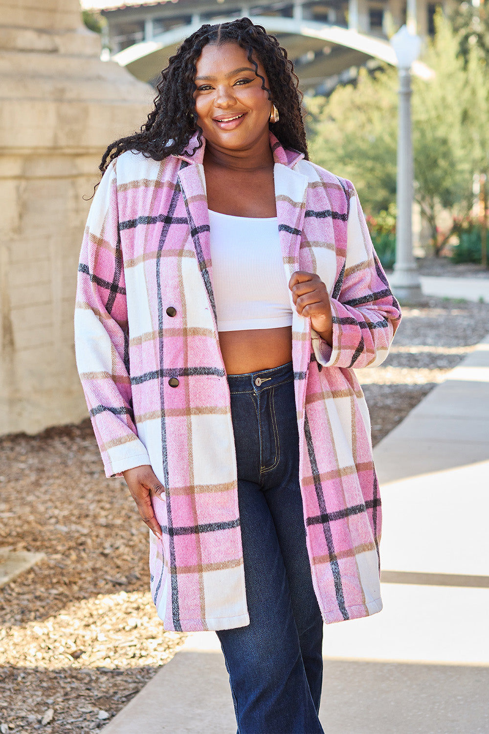 Double Take - Plaid Button Up Lapel Collar Coat - Size: S-3XL