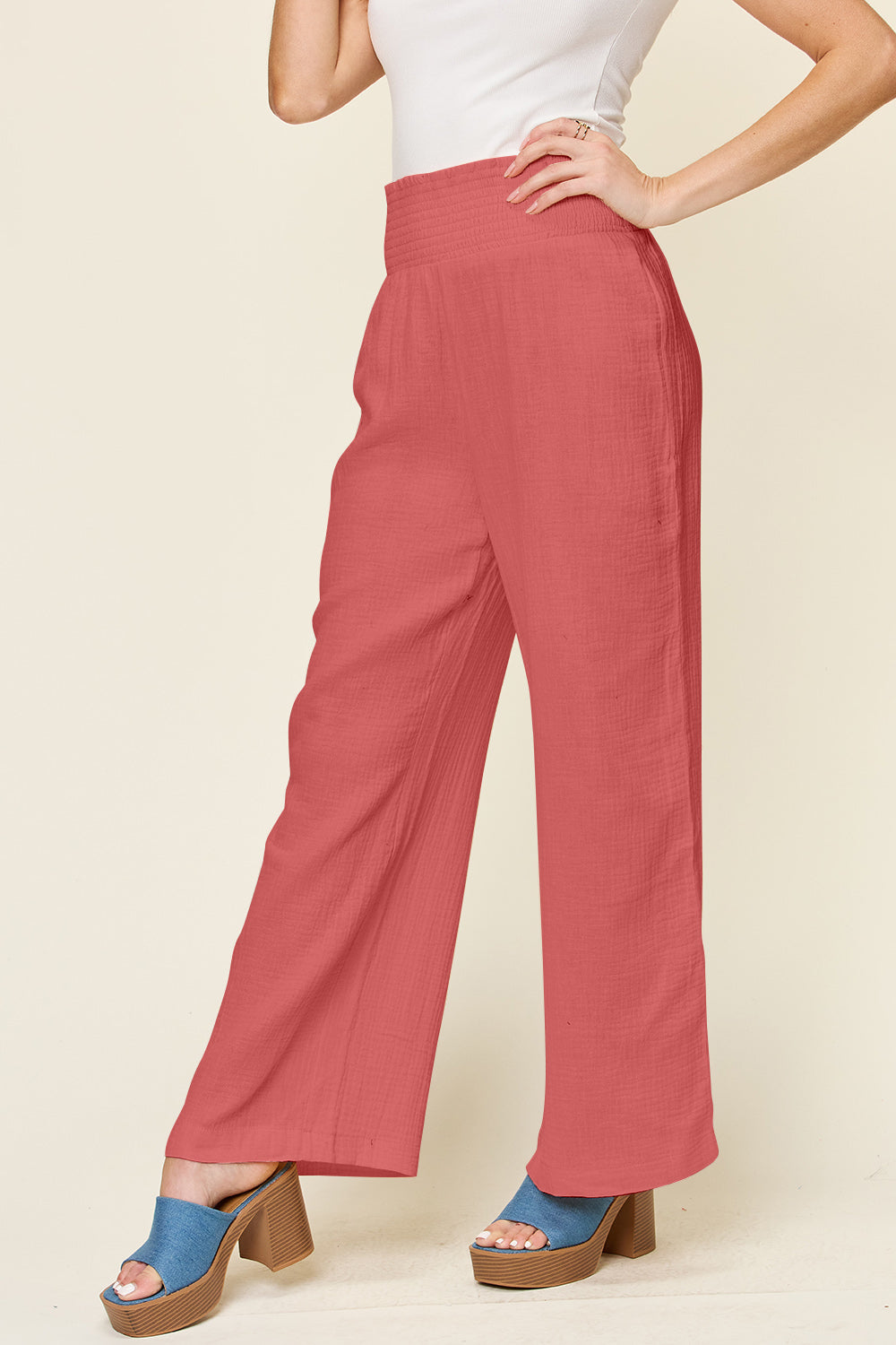 Double Take - Texture Smocked Waist Wide Leg Pants - Size: S-3XL