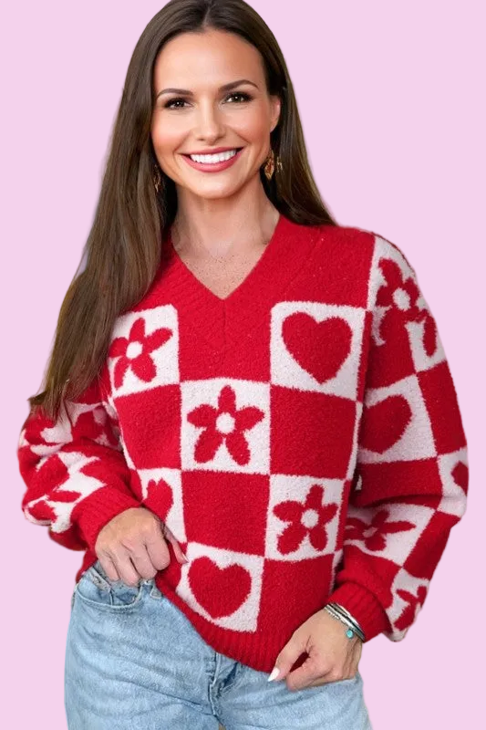 Valentine Heart V-Neck Long Sleeve Sweater - Size: S-XL - Valentine's Day Outfit Ideas