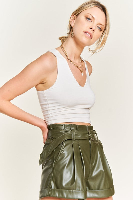 Jade by Jane - High-rise Waist Belted Faux Leather Short in Black or Olive