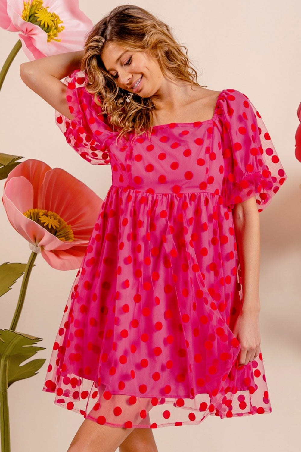 BiBi - Polka Dot Mesh Puff Sleeve Dress