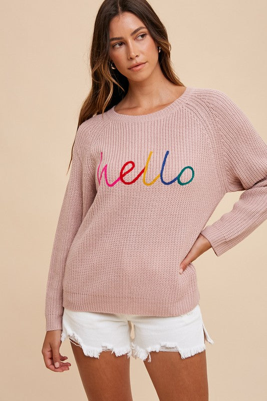 Annie Wear - HELLO Embroidered Raglan Sleeve Sweater - Size: S-XL