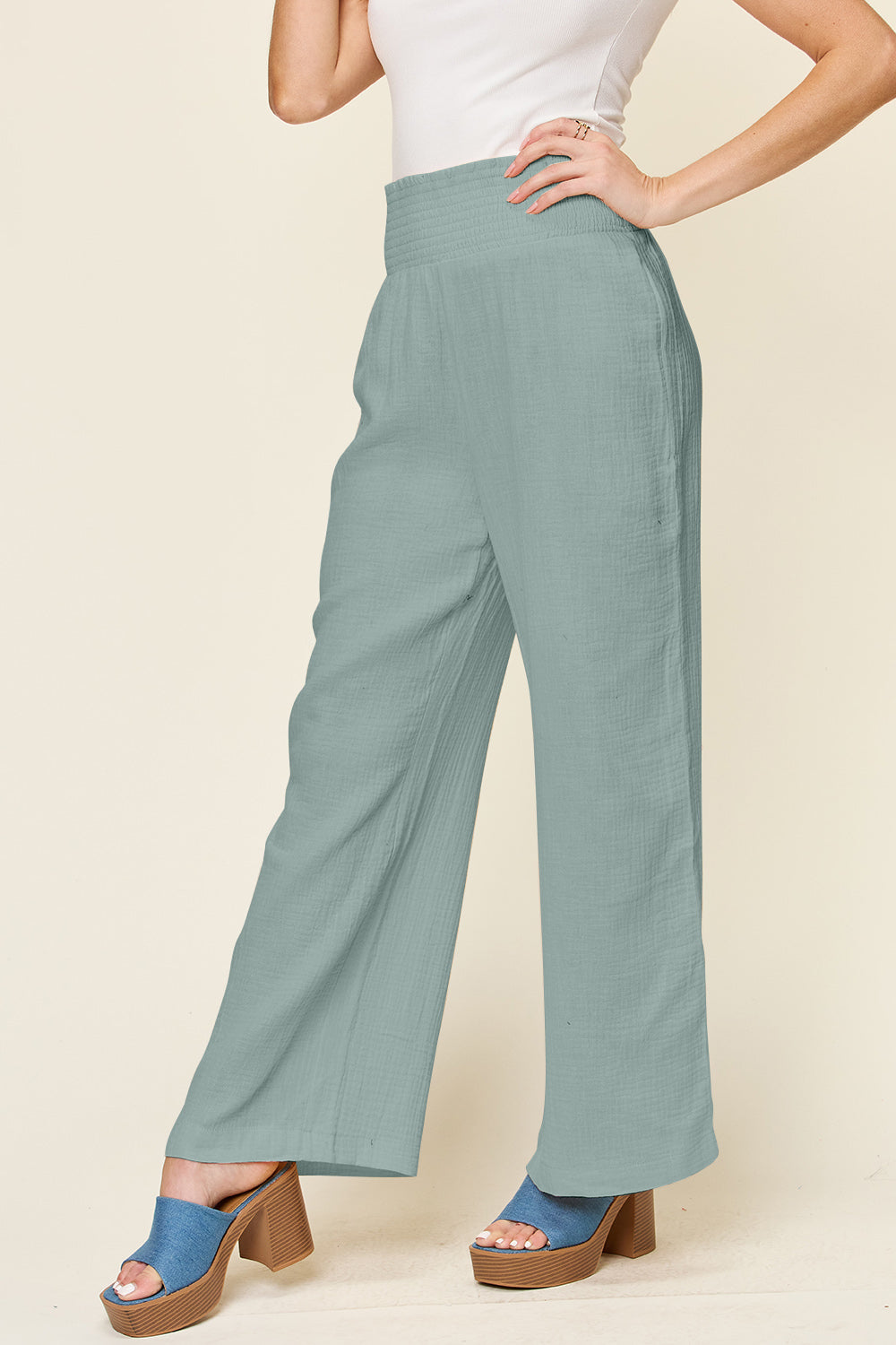 Double Take - Texture Smocked Waist Wide Leg Pants - Size: S-3XL