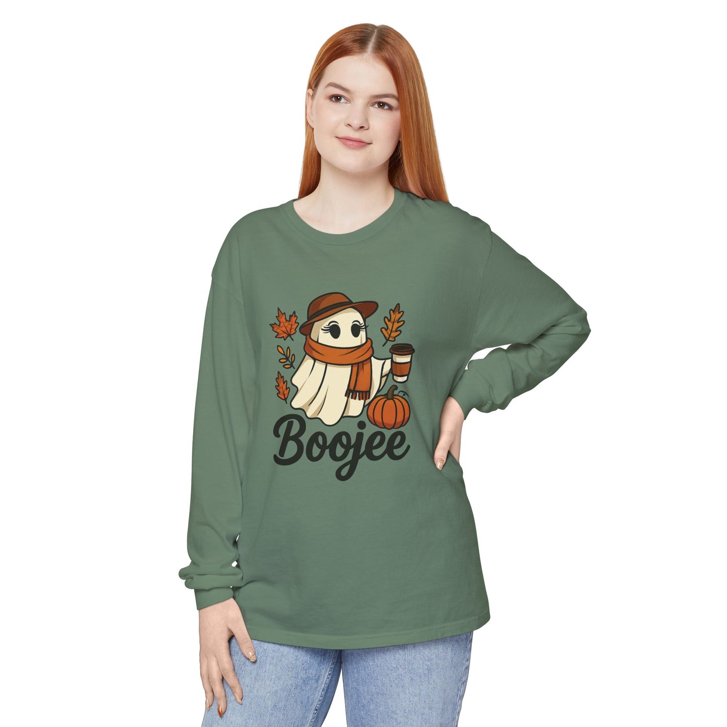 Boojee Ghost Long Sleeve Graphic T-shirt | Cozy Fall Aesthetic Tee - Size: S-3XL