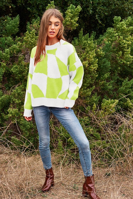 Davi & Dani - Multi Geo Checker Knit Sweater Top with Color Options