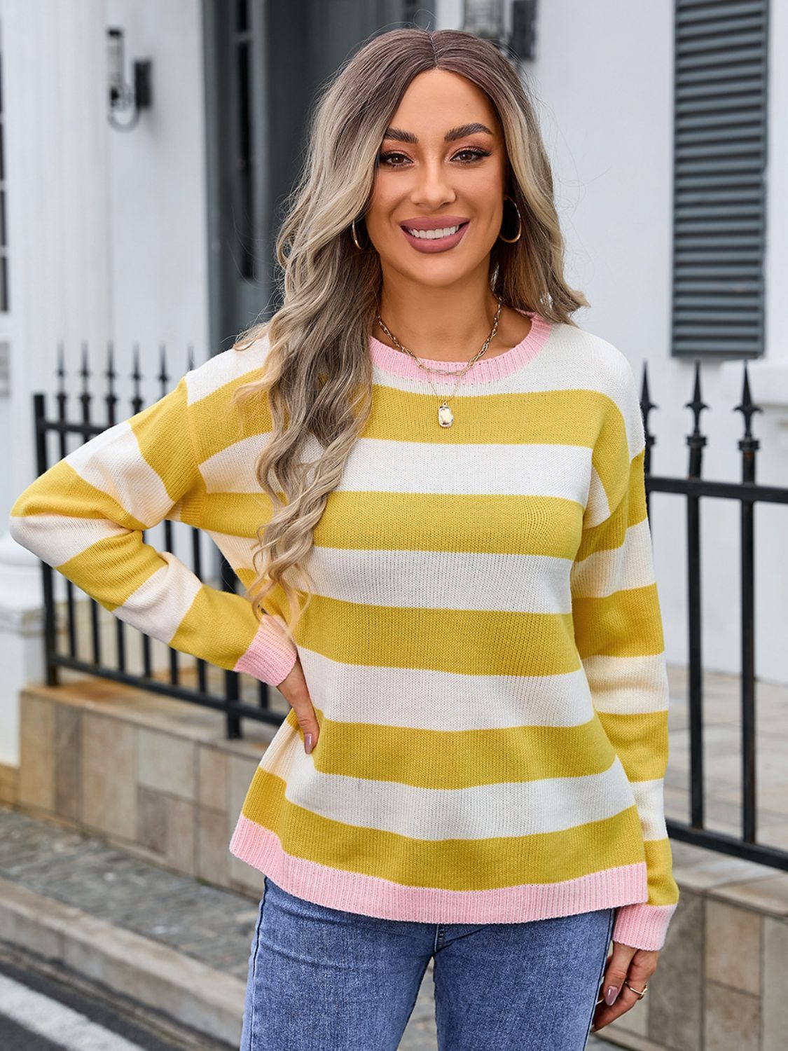 Angel Wings - Striped Round Neck Dropped Shoulder Sweater - Size: S-XL