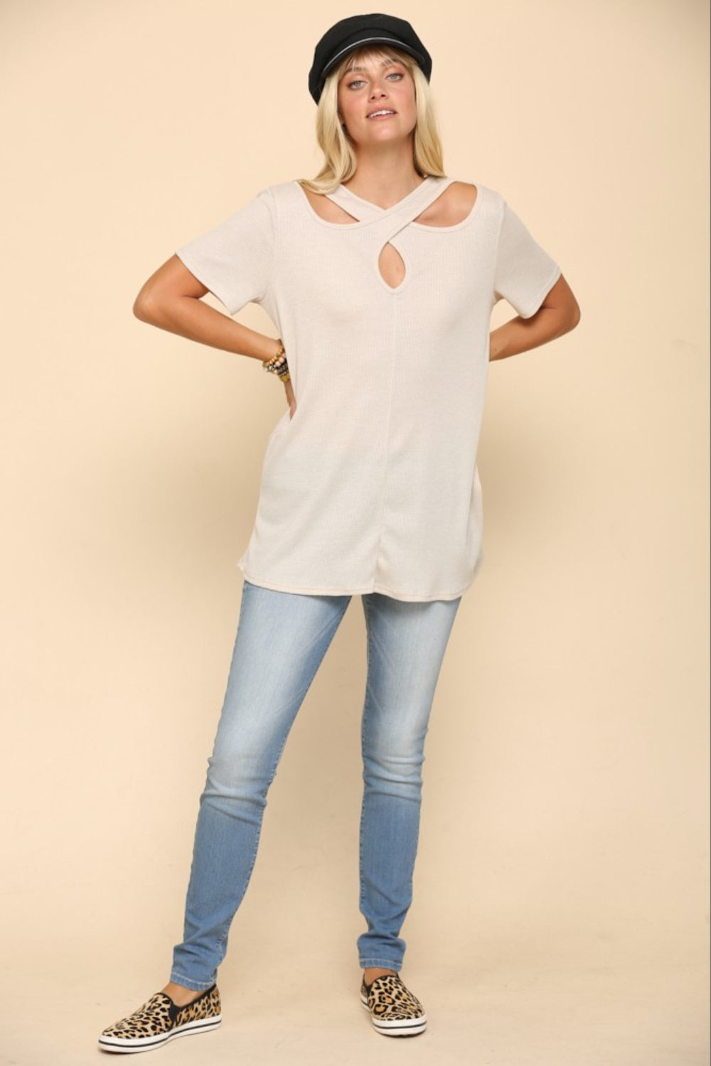 Celeste - Crisscross Cutout Short Sleeve T-Shirt