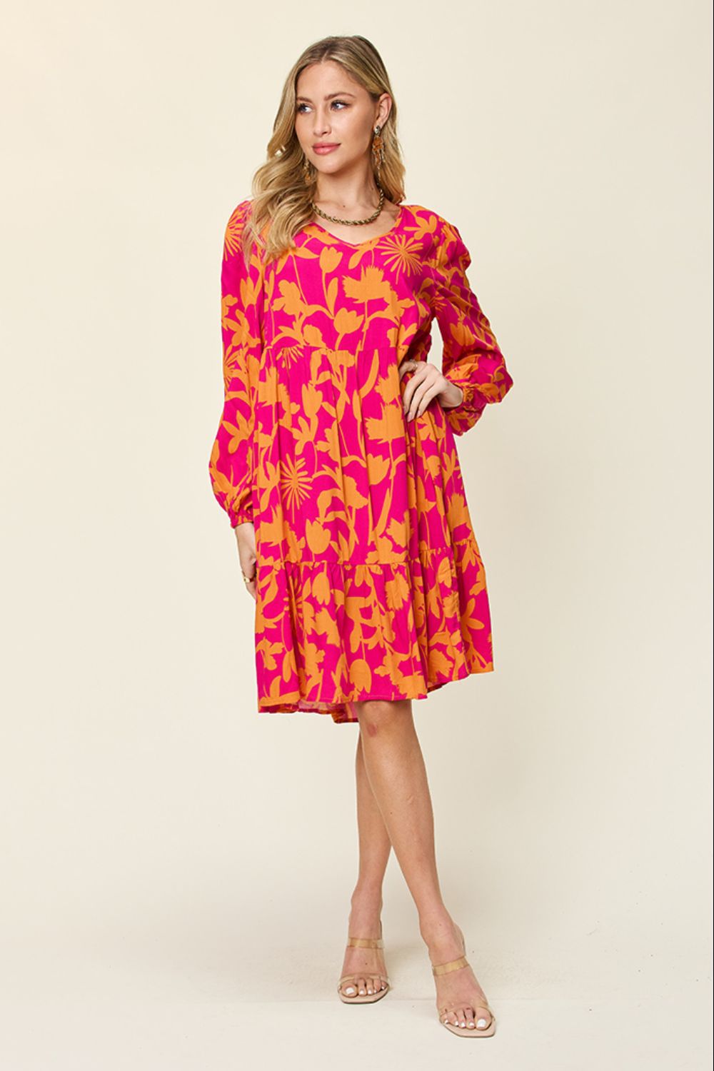 Double Take - Printed Ruffle Hem Dress with Pocket - Size: S-3XL