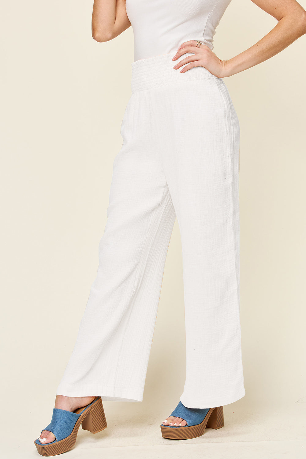 Double Take - Texture Smocked Waist Wide Leg Pants - Size: S-3XL