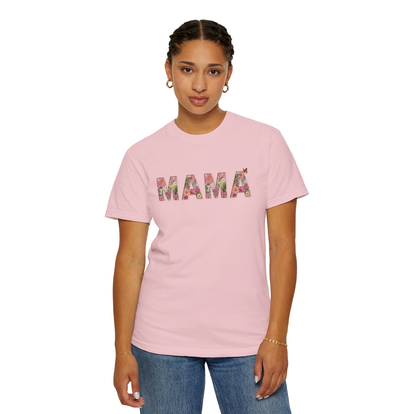 Spring Floral "MAMA" Graphic Tee (Comfort Colors) - Size: S-4XL - Cute Matching Mommy & Me Shirt, Pink Flower Lettering Mom Top, Gift for Moms