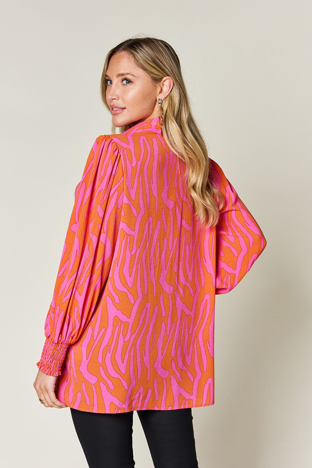 Double Take - Printed Smocked Long Sleeve Blouse - Size: S-3XL