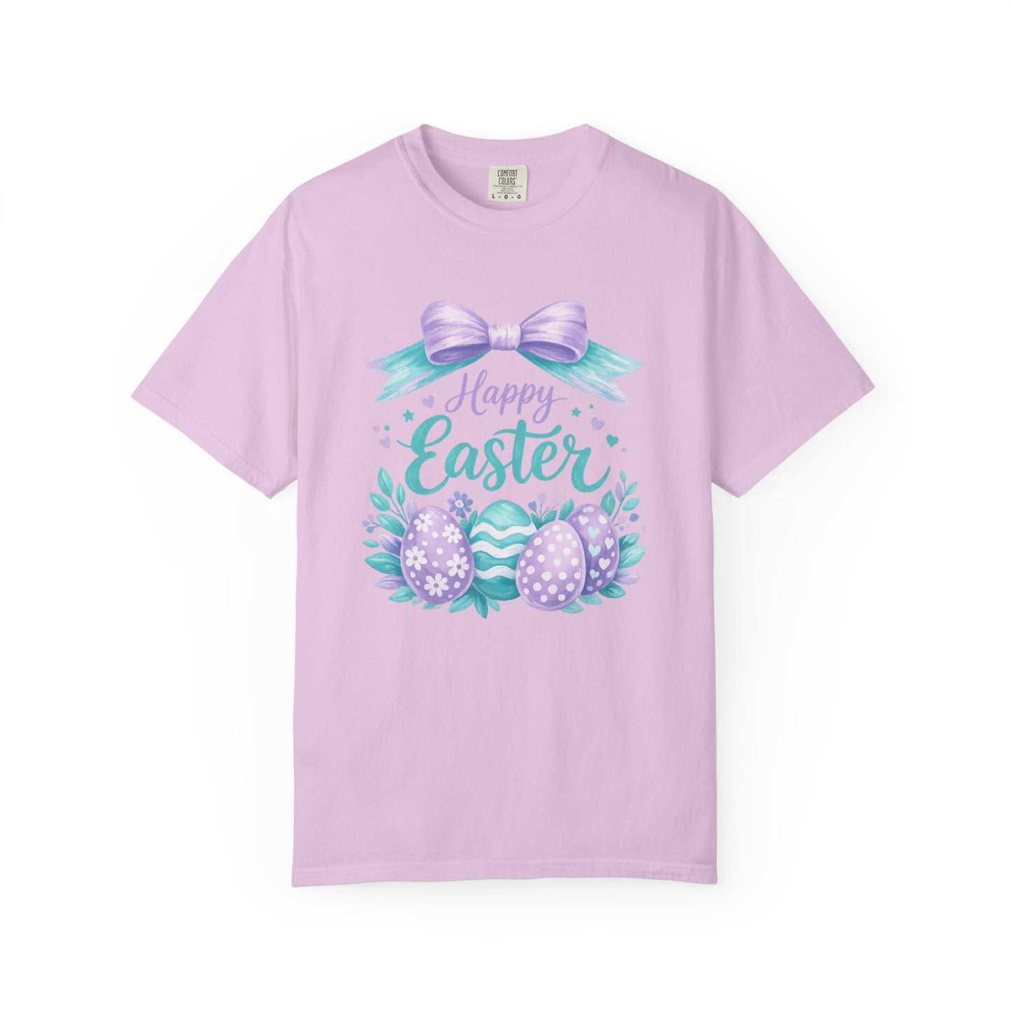 Adult Easter T-Shirt - "Happy Easter" Pastel Eggs & Bow Holiday Graphic Tee (Comfort Colors) - Size: S-4XL