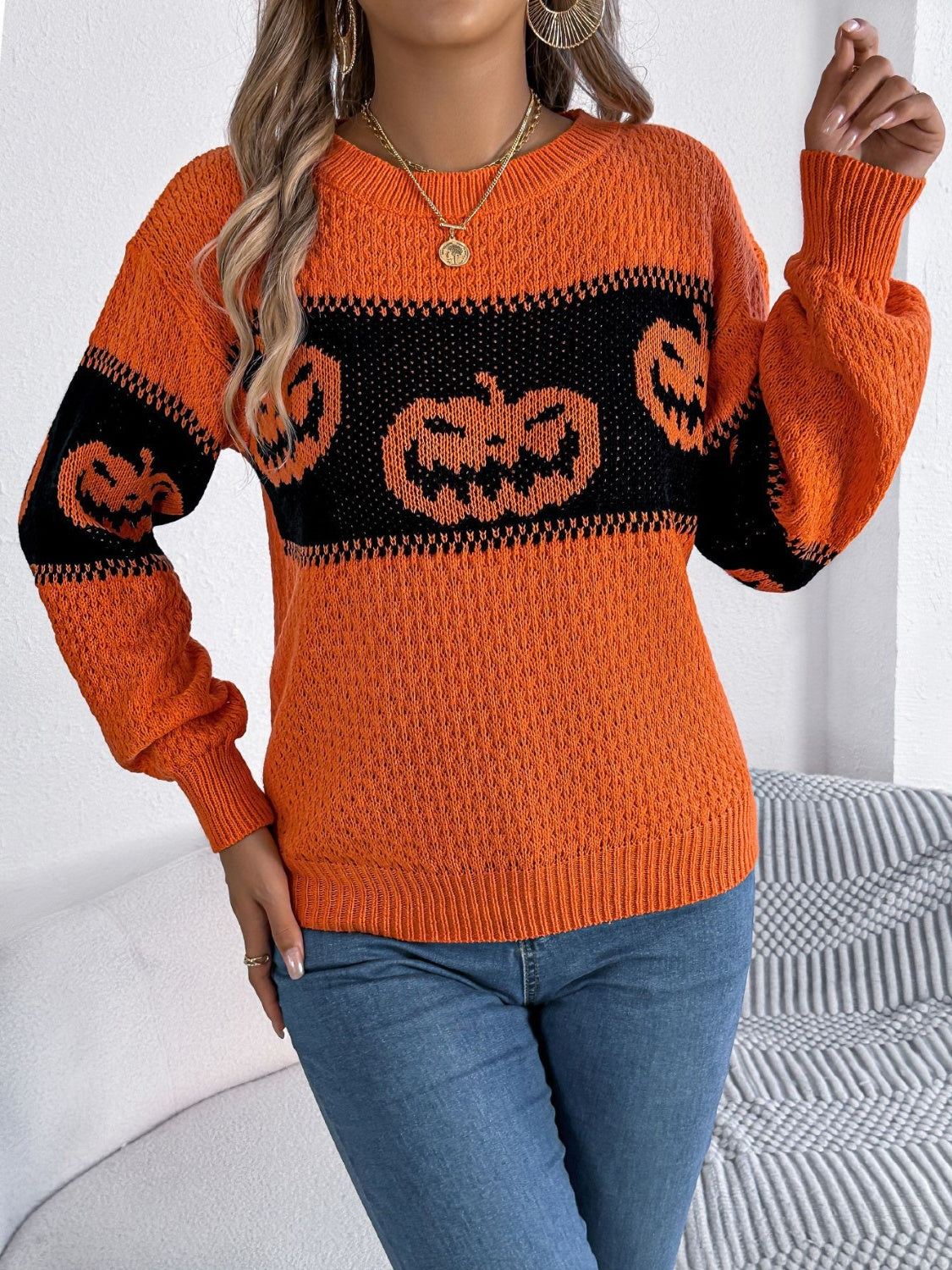 Pumpkin - Round Neck Long Sleeve Sweater - Halloween Collection