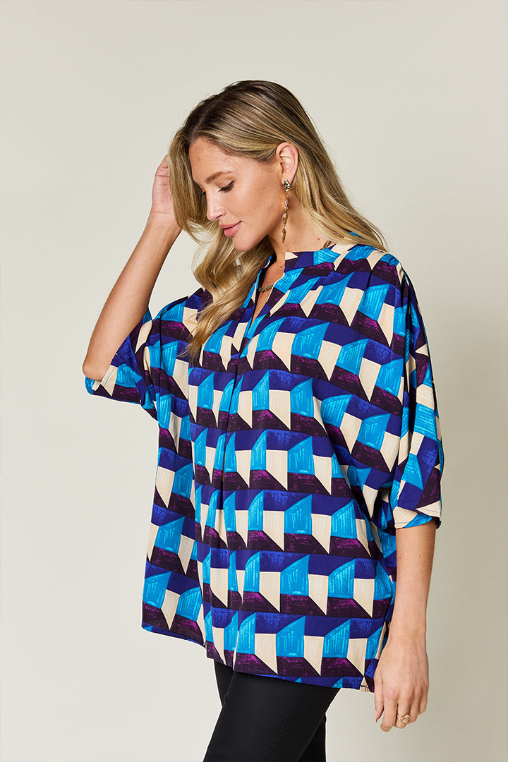 Double Take - Geometric Notched Half Sleeve Blouse - S-3XL