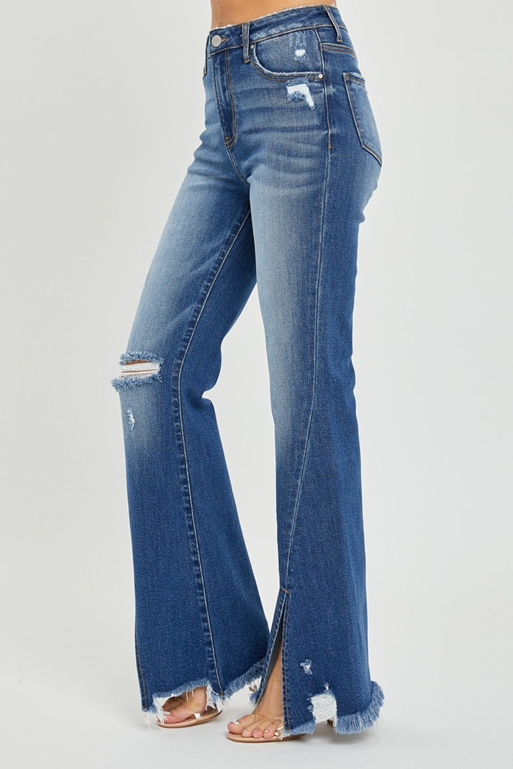 RISEN - High Rise Front Slit Frayed Hem Flare Jeans - Size: 0-3XL