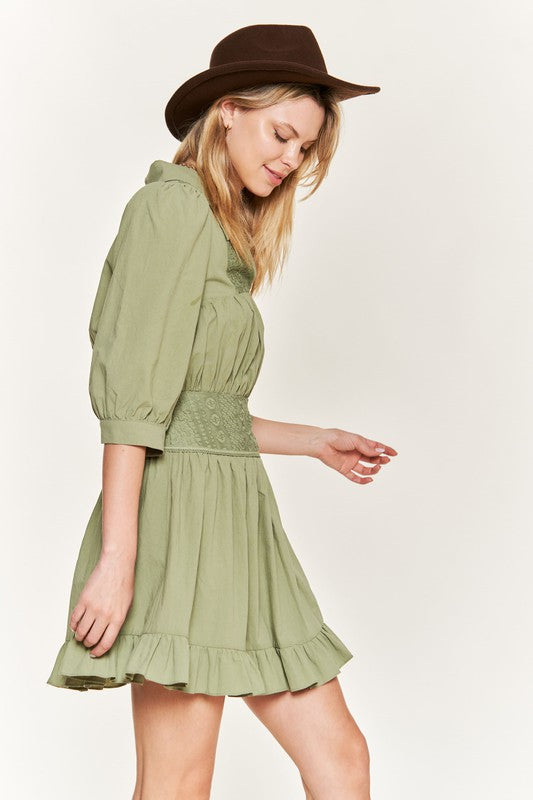 Jade By Jane - Eyelet Detail 3/4 Sleeve Short Dress - Color Options, Sizes S-XL