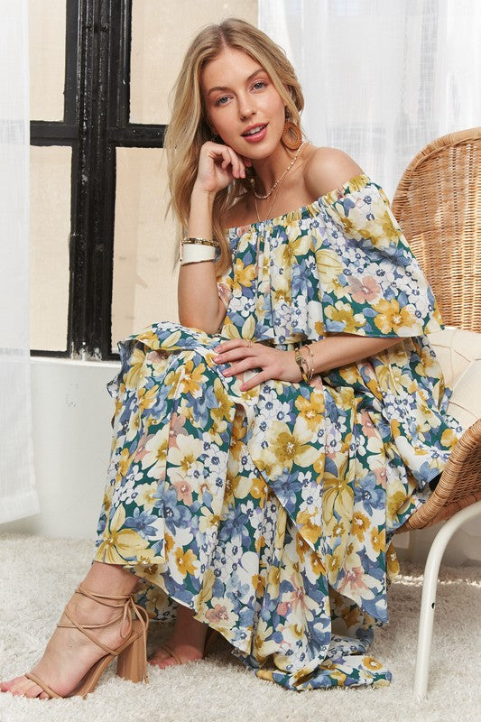 ADORA - Layered Floral Off-Shoulder Short Sleeve Maxi Dress - Size: S-L