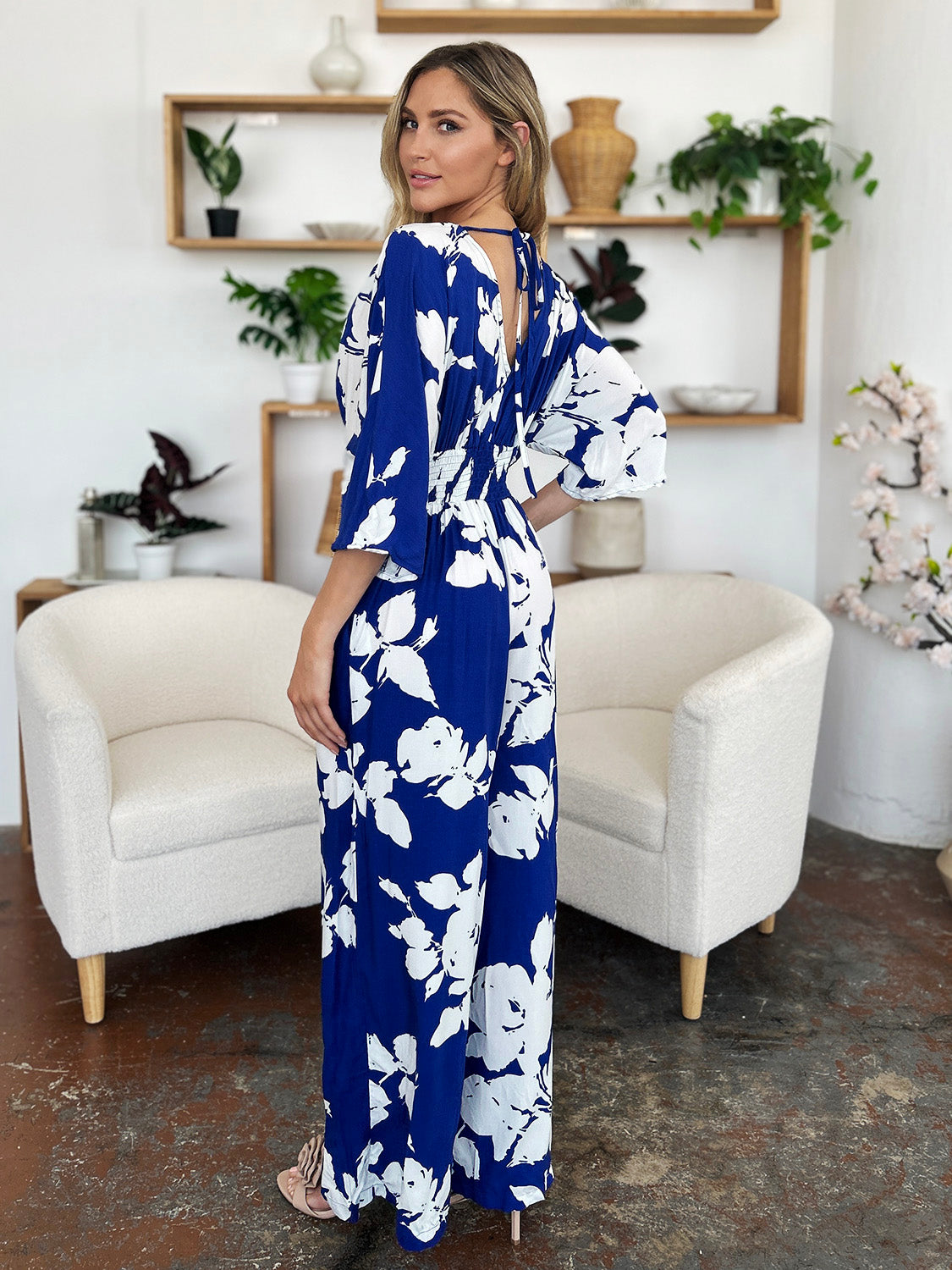 Double Take - Printed Tie Back Wide Leg Jumpsuit - S-3XL