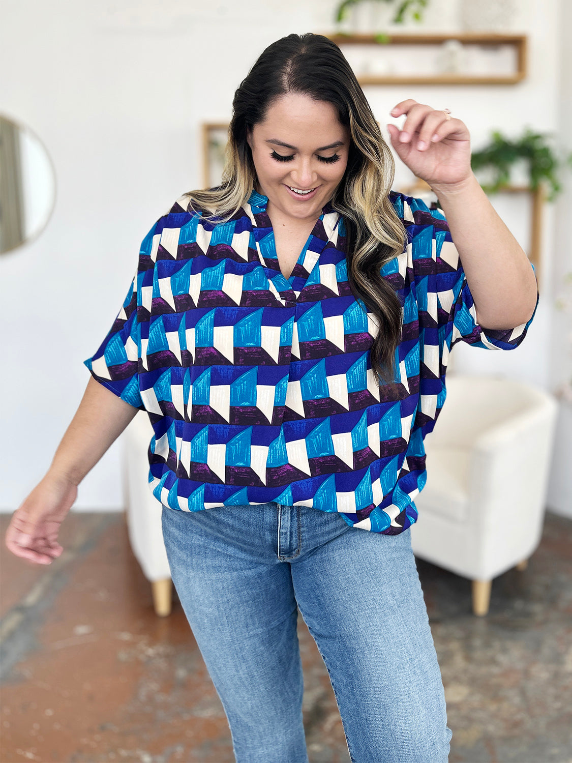 Double Take - Geometric Notched Half Sleeve Blouse - S-3XL