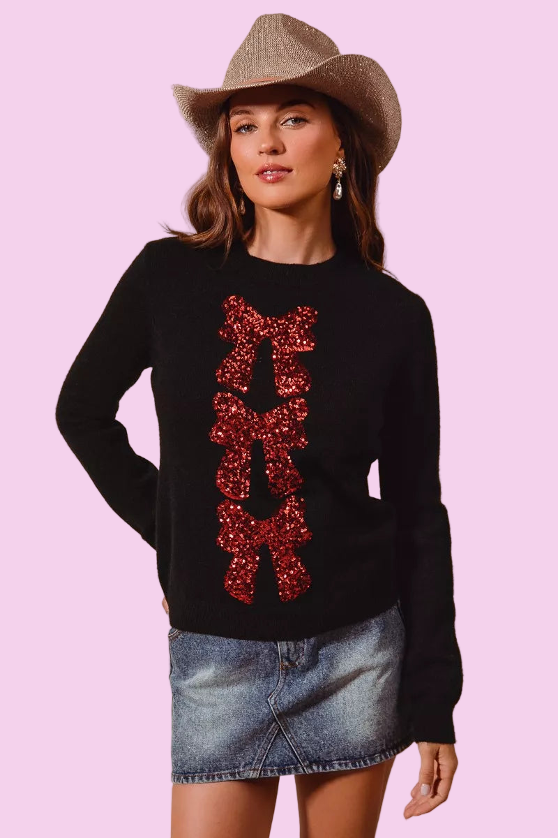SO ME - Sequins Bow Ribbon Embellished Christmas Sweater