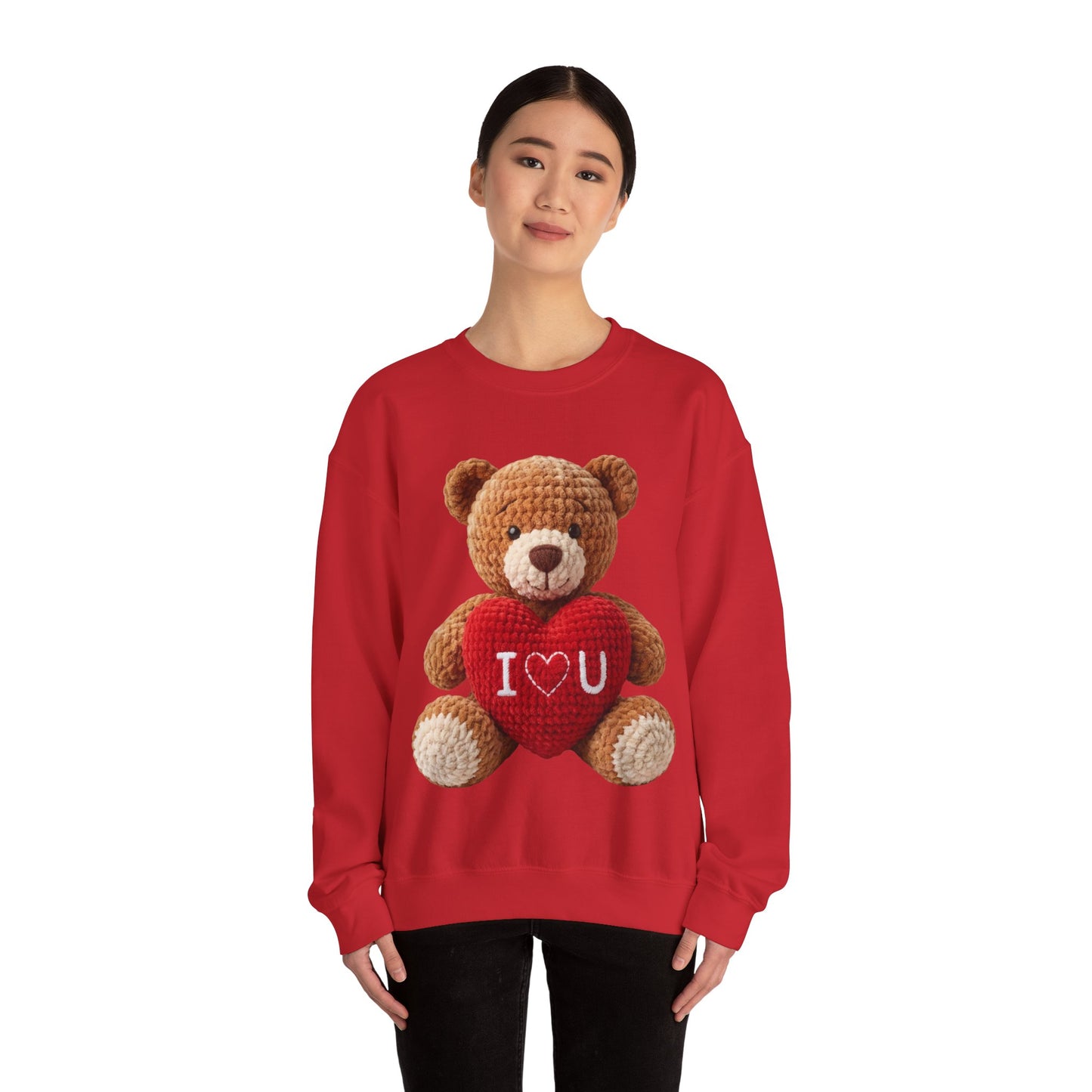 Valentine Faux Crochet I ❤️ U Teddy Bear Graphic Crewneck Sweatshirt (Gildan) - Size: S-3XL - Valentine's Day Shirt