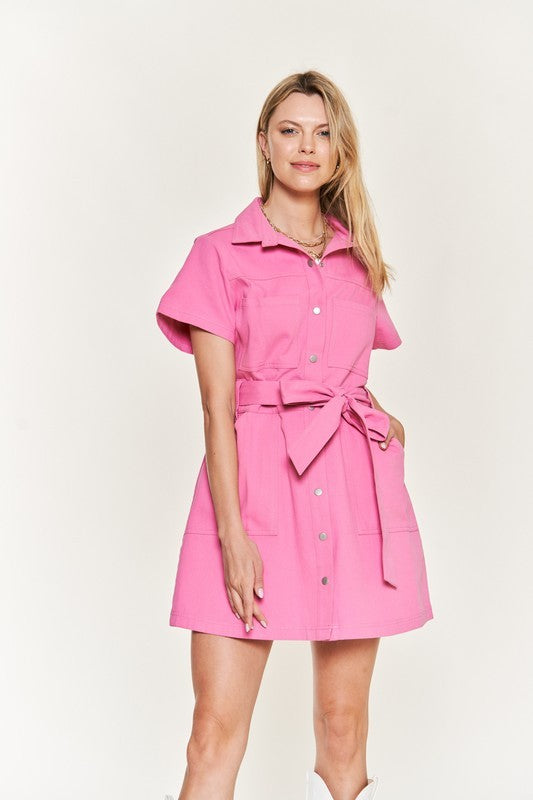 Jade by Jane - Belted Cotton Short Dress - Pink/Kiwi Options, S-XL