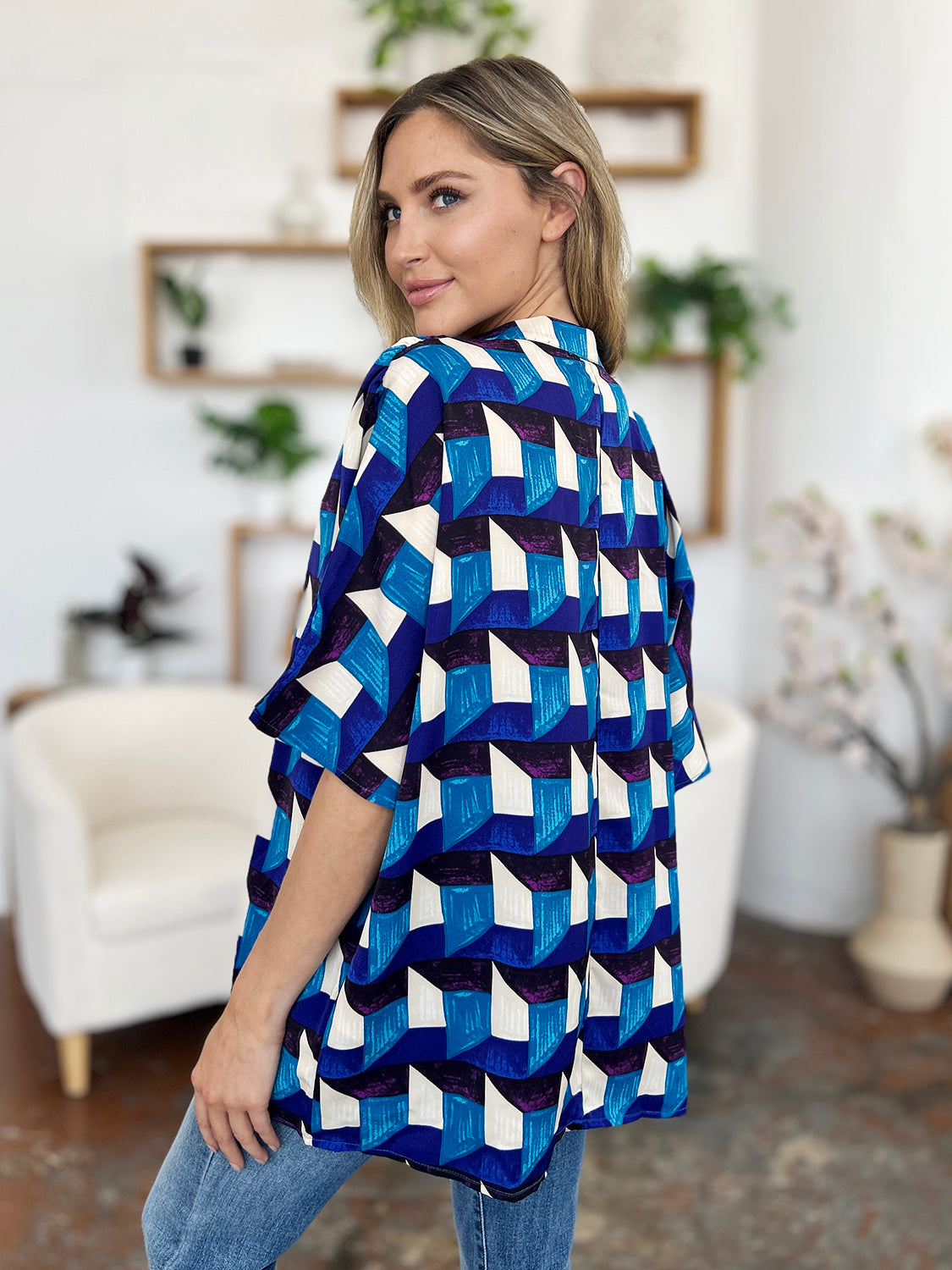 Double Take - Geometric Notched Half Sleeve Blouse - S-3XL