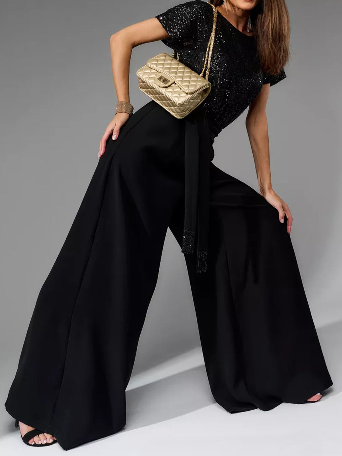 Sequin Round Neck Short Sleeve Wide Leg Jumpsuit - Size: S-3XL