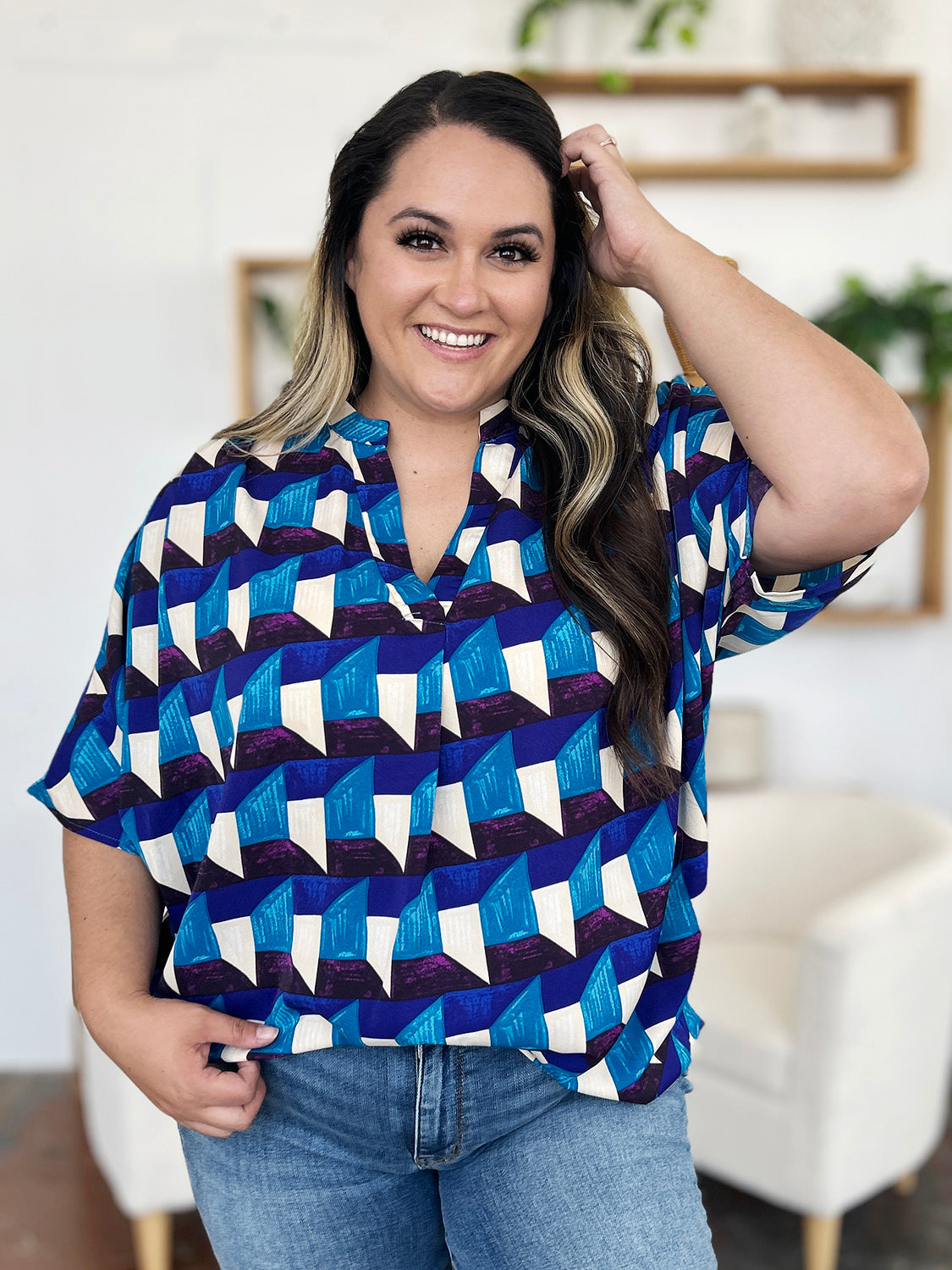 Double Take - Geometric Notched Half Sleeve Blouse - S-3XL