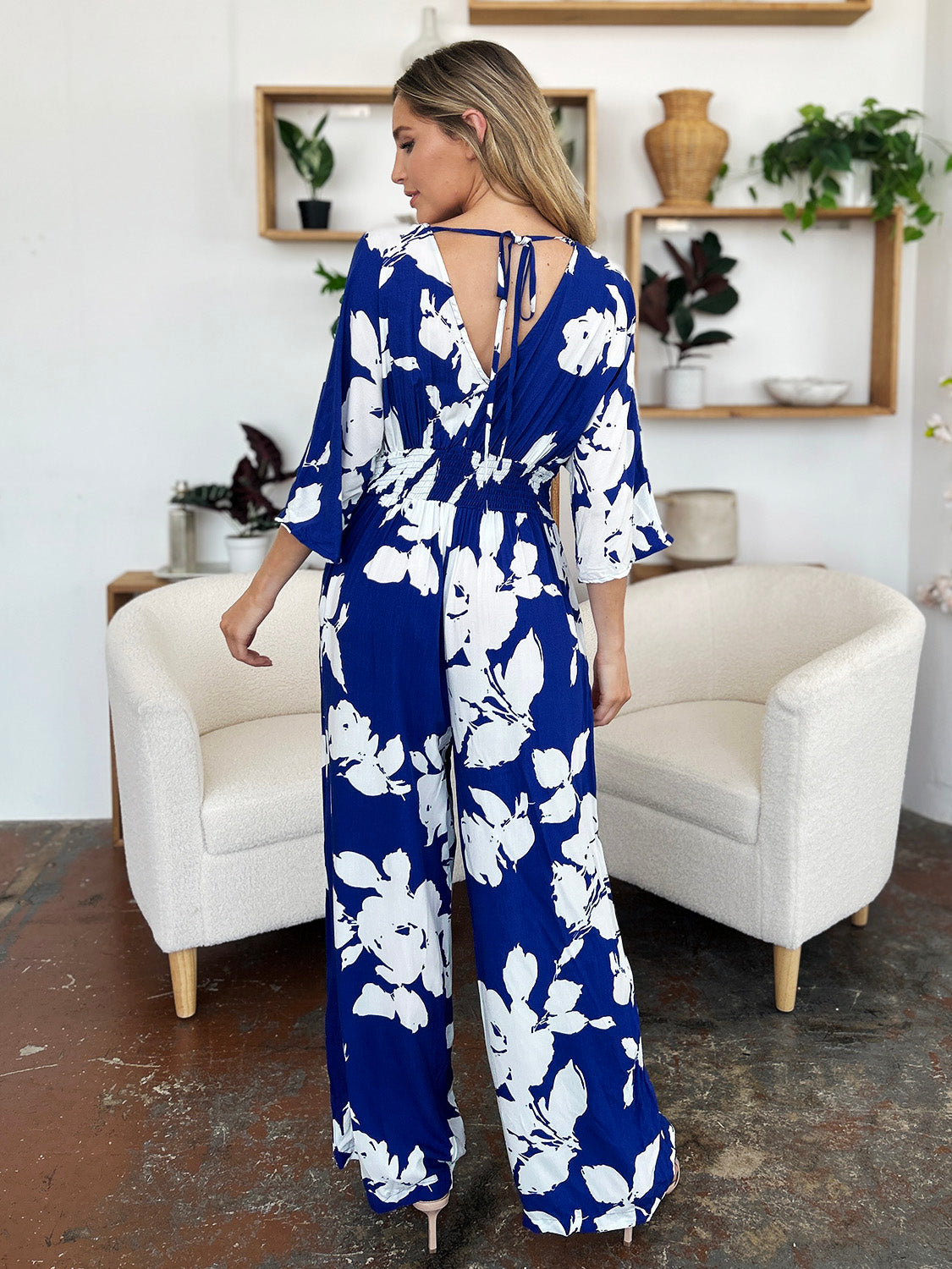 Double Take - Printed Tie Back Wide Leg Jumpsuit - S-3XL