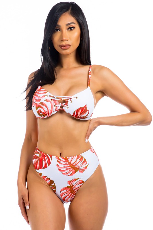 Mermaid Swimwear - Two Piece Tropical Leave Print Bikini