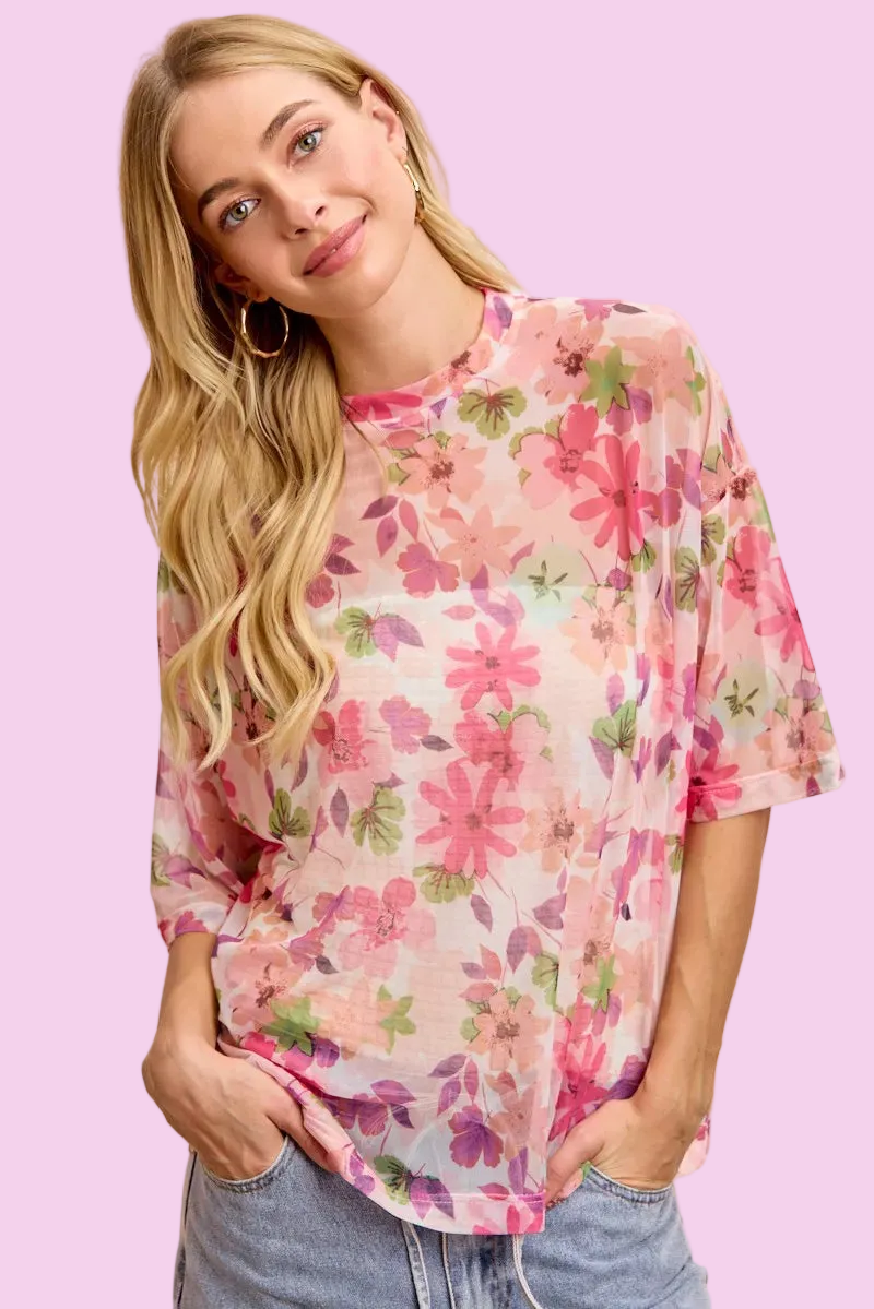 BiBi - Floral Print Short Sleeves Boxy Mesh Top - Size: S-XL