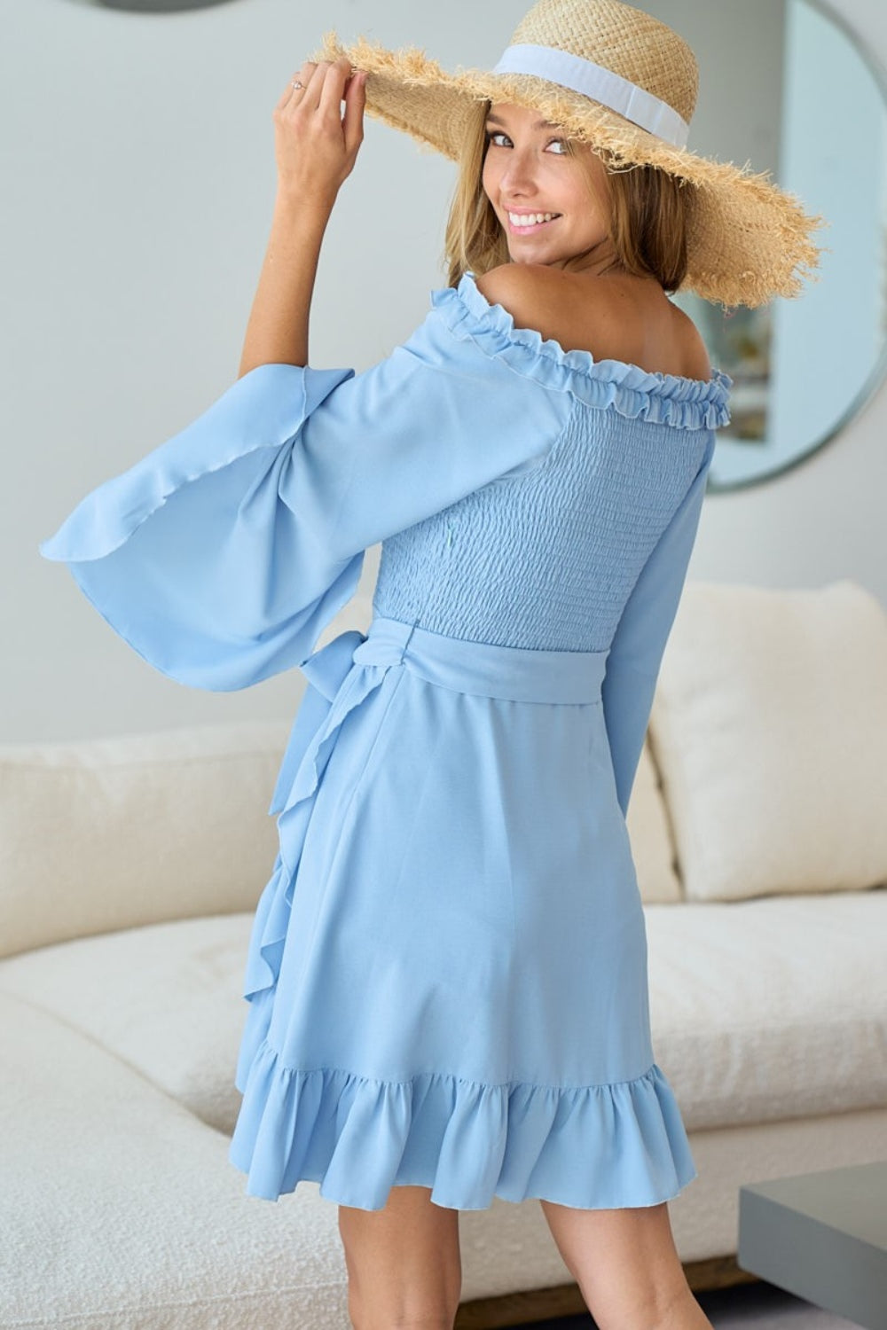 BiBi - Smocked Ruffled Front Tie Mini Dress