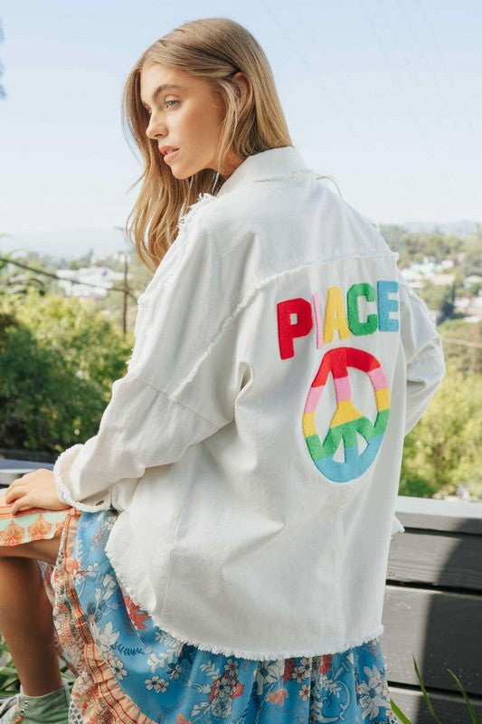 Davi & Dani - Multi Color Lettering Peace Symbol Button Up Shacket